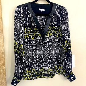 Parker silk with leather trim snake print v-neck long sleeve blouse